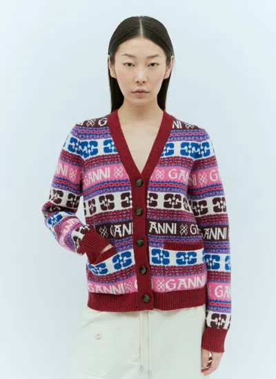 GANNI LOGO JACQUARD WOOL CARDIGAN