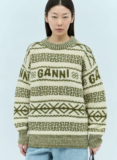 Ganni Logo Jacquard Wool Sweater In Cream