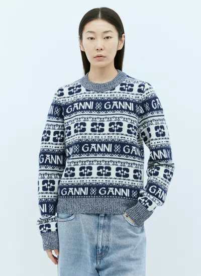 Ganni Logo Jacquard Wool Jumper In Blue