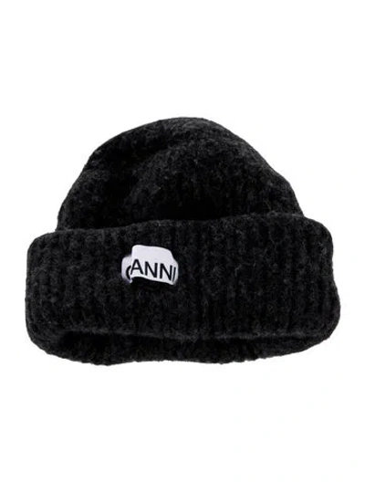Pre-owned Ganni Logo Knit Beanie In Black