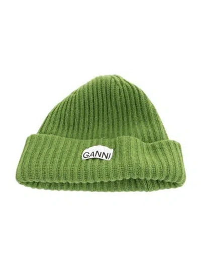 Pre-owned Ganni Logo Knit Beanie In Green