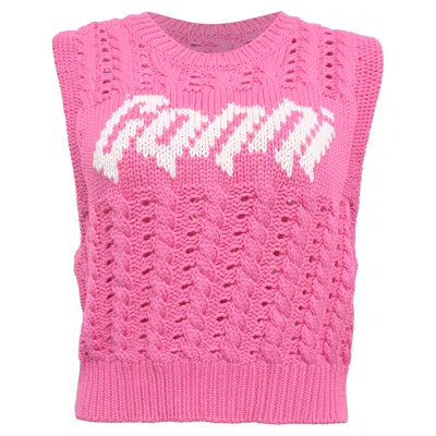 Ganni Logo Knitted Cropped Vest Sweater In Pink Viscose In Multi