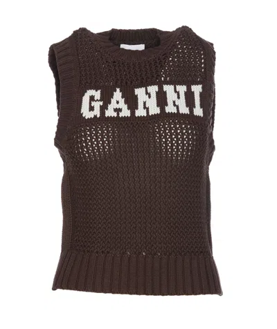 Ganni Logo Knitted Vest In Rosso