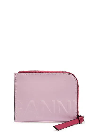 Ganni Logo Leather Card Holder In Pink