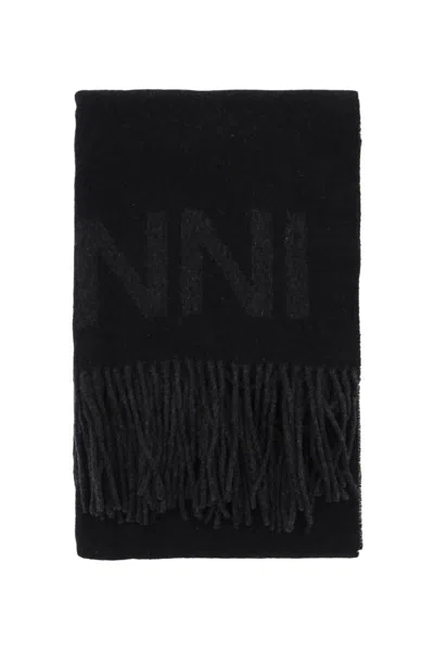 Ganni Logo Lettering Scarf In Nero