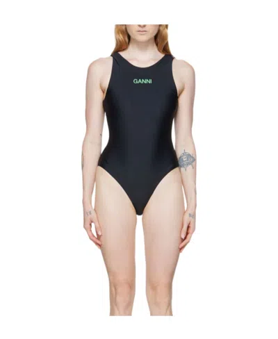 Ganni Logo One-piece Swimsuit In Nude