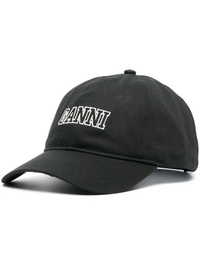 Ganni Logo Organic Cotton Baseball Cap In Black