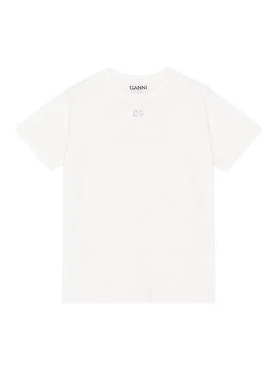 Ganni Rhinestone Logo Embroidery T-shirt In White