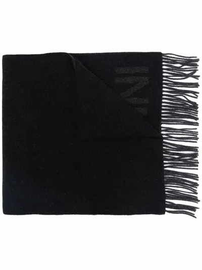 Ganni Logo Organic Wool Scarf In Black