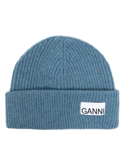 Ganni Logo-patch Beanie In Blue