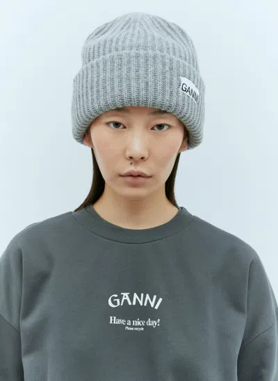 Ganni Logo Patch Beanie Hat In Grey