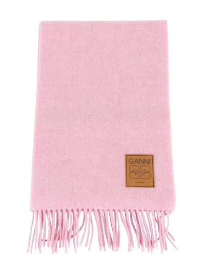 Ganni Womens Mauve Morn Logo-patch Fringed Double Wool Scarf In Pink