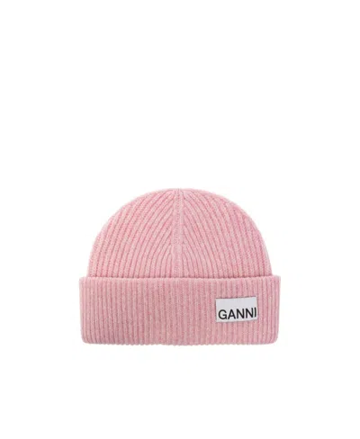 Ganni Logo-patch Intarsia-knit Beanie In Purple