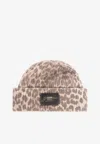 Ganni Logo Patch Leopard Print Beanie In Sand