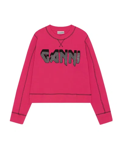 Ganni Logo-patch Organic Cotton Sweatshirt In Pink