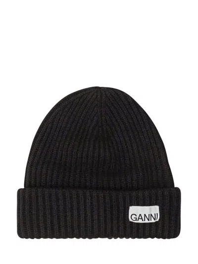 Ganni Logo Patch Oversized Knitted Beanie In Black