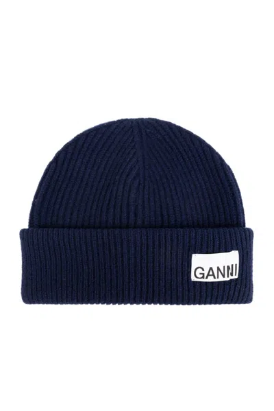 Ganni Light Structured Rib Knit Beanie Peacoat In Blue