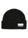 Ganni Womens Black Logo-patch Wool-blend Beanie Hat In 黑色