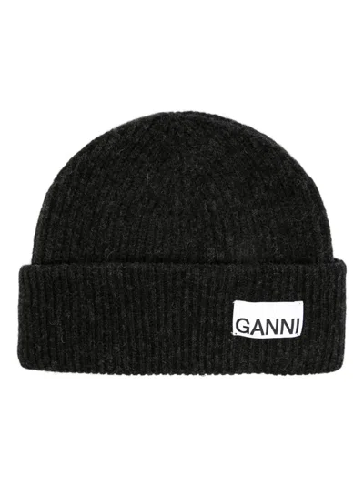 Ganni Womens Black Logo-patch Wool-blend Beanie Hat