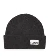 Ganni Logo-patch Ribbed Beanie In Grey