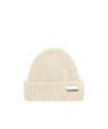 Ganni Logo-patch Ribbed-knit Beanie In Nude