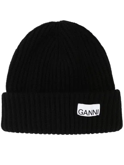 GANNI LOGO-PATCH RIBBED-KNIT BEANIE