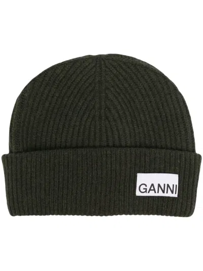 Ganni Logo-patch Ribbed-knit Beanie In Green