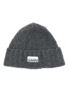 Ganni Logo-patch Ribbed-knit Beanie In Grey