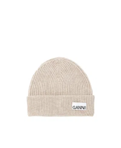 Ganni Logo-patch Ribbed-knit Beanie In Nude