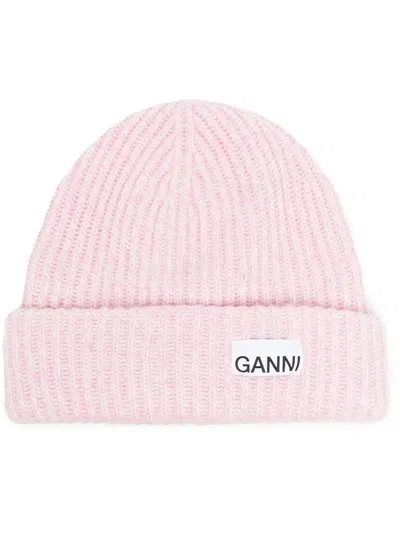 Ganni Light Pink Fitted Rib Knit Wool Beanie In Lilac Sachet