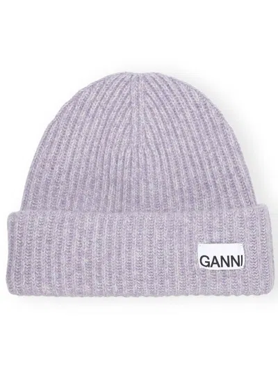 Ganni Logo-patch Ribbed Knit Beanie In Purple