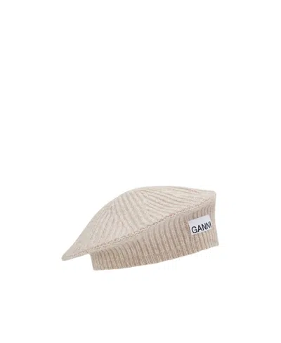 Ganni Logo-patch Ribbed-knit Beret In Beige