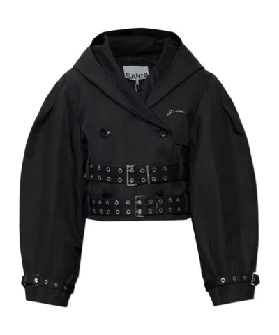 Ganni Logo Plaque Cropped Jacket In Black