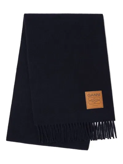 Ganni Logo-plaque Fringed Scarf In Black
