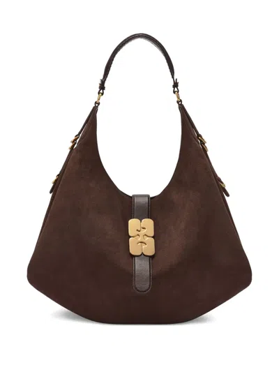Ganni Logo-plaque Shoulder Bag In Brown