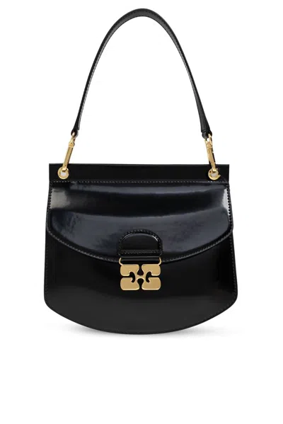 Ganni Logo Plaque Small Shoulder Bag In Black