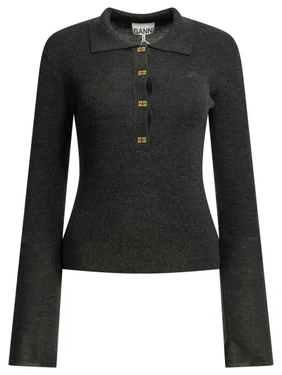 Ganni Logo Polo Sweater In Gray