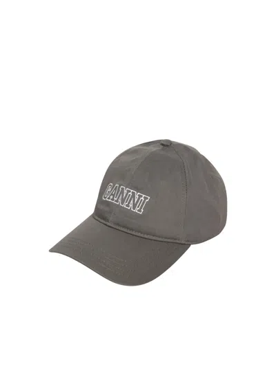 Ganni Green Cotton Gabardine Baseball Cap With Embroidered Lettering Logo On Front