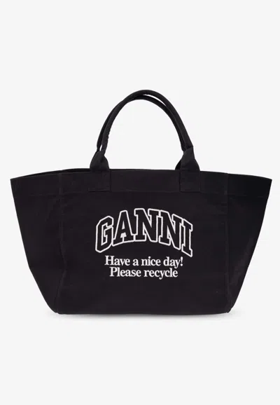 Ganni Logo Print Canvas Tote Bag In Black