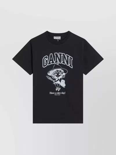 Ganni Logo Print Crew Neck Graphic T-shirt In Black