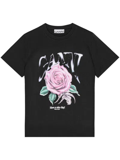 Ganni Basic Jersey Rose Relaxed T-shirt Phantom In Black