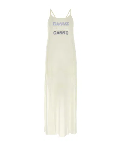 Ganni Logo-print Mesh Dress In White