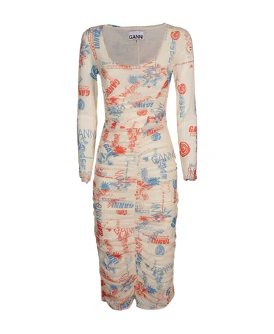 Ganni Logo-print Midi Dress In Nude