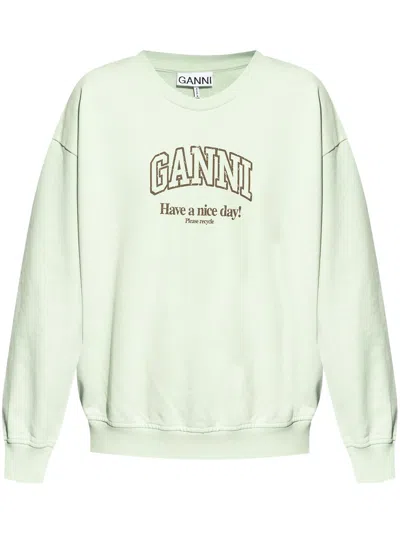 Ganni Logo-print Organic-cotton Sweatshirt In Green
