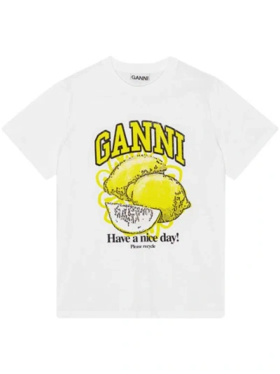 Ganni Logo-print Organic-cotton T-shirt In White