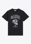 Ganni Black Crewneck T-shirt With Maxi Logo Lettering On The Front And Maxi Print On Front And Rear In Black