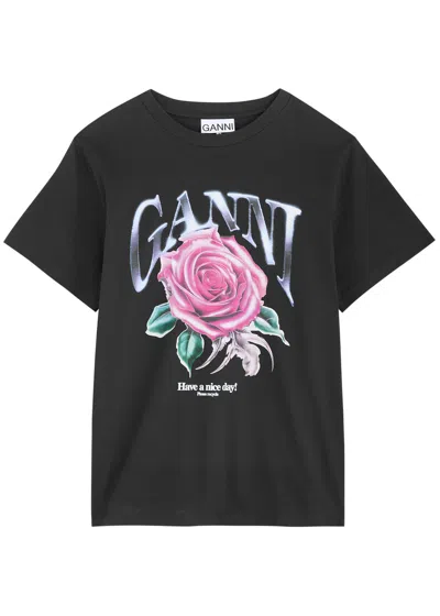 GANNI GANNI LOGO PRINTED COTTON T-SHIRT