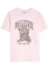 Ganni Crew Neck Graphic Print Relaxed Fit Tops In Pink