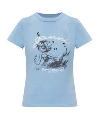 Ganni Logo Printed Crewneck T-shirt In Blue