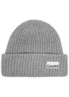 Ganni Womens Logo-patch Wool-blend Beanie Hat Paloma Melange In Gray